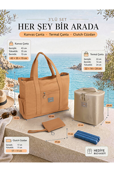 Best TrioCanvas Premium - 3'lü Modüler Kanvas Piknik, Plaj ve Gezi Çantası Seti – Kanvas Çanta + Isı Yalıtımlı Termal Çanta ve Clutch Cüzdanlı 3'lü Set (Renk: Vintage/Eskitme-Kil Taba)