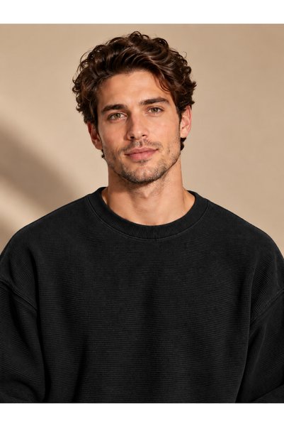 COAL CİTY Erkek Siyah Waffle Kadife Dokulu Bisiklet Yaka Oversize Sweatshirt