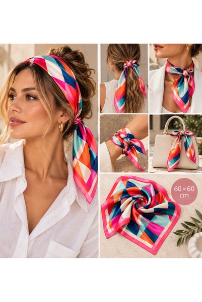 Aquasis Women's Satin Scarf 60X60 cm |   Colorful Patterned Square Scarf, Nec...
