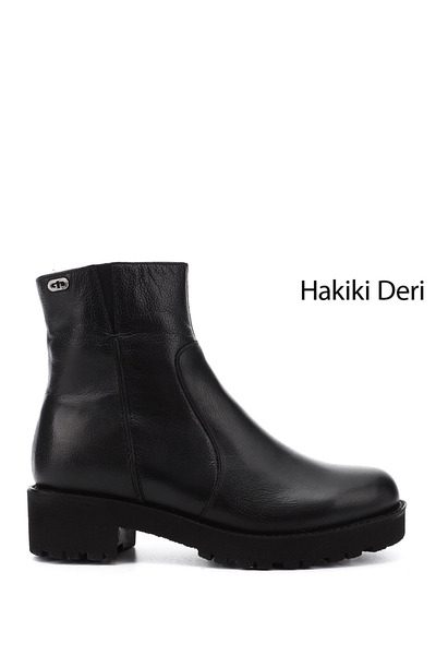 GÖNDERİ(R) Women/Girls Black Floater Zippered Thick Heeled Genuine Leather Boots