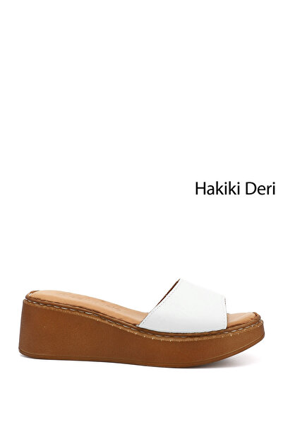 GÖNDERİ(R) Women's White Wedge Sole Genuine Leather Slippers