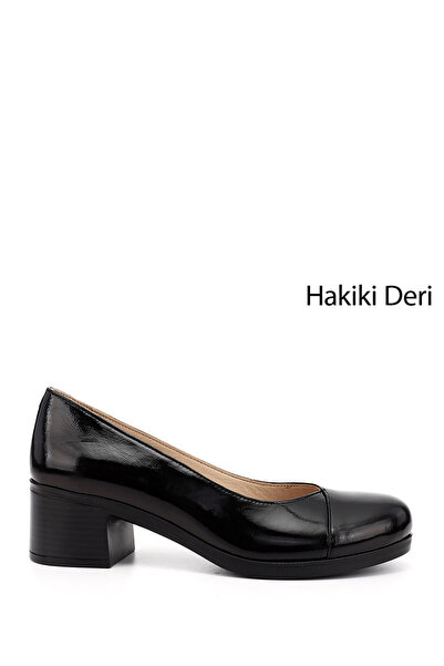 GÖNDERİ(R) Women's Black Patent Leather Short Thick Heeled Genuine Leather Shoes