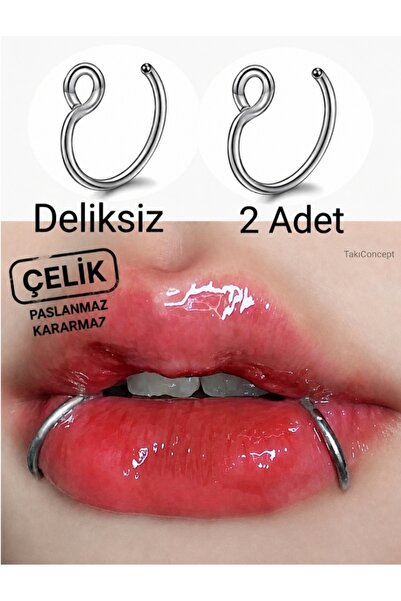 TakıConcept 2 Adet Çelik Deliksiz Dudak Piercing Fake Piercing