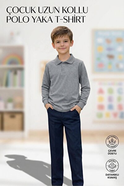 ERDEM KIDS تي شيرت مدرسي أساسي يومي باللون الرمادي بأكمام طويلة من القطن وياق...