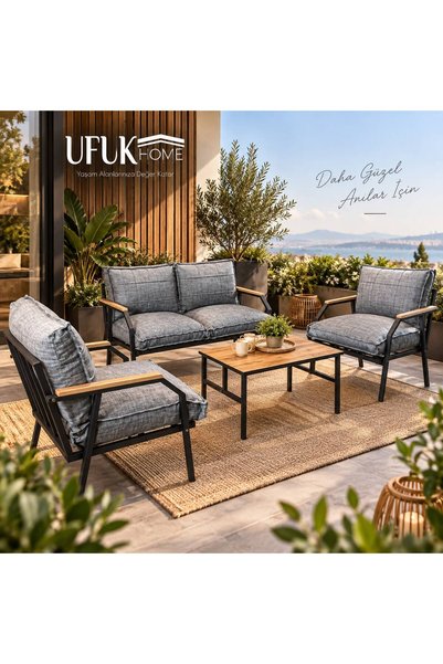 UFUK HOME Sehpalı Gri Fermuarlı Bahçe Balkon Takımı, Cafe, Salon - Metal Kanepe Koltuk Takımı