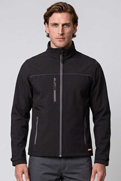 İŞMONT Jachetă unisex neagră cu fermoar complet din fleece softshell, cu buzu...
