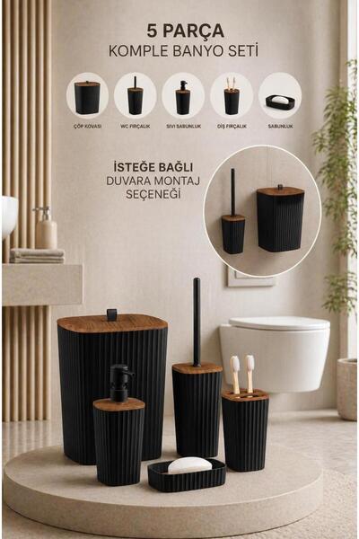 Okyanus Home Kendinden Yapışkanlı Ahşap Görünümlü Safir Siyah 5'li Banyo Seti