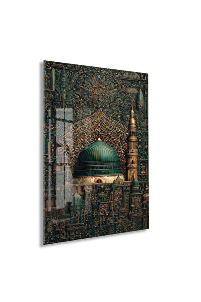 Peony Wood Craft Mescid-i Nebevî Yeşil Kubbe Cam Tablo – Hat Sanatlı İslami D...