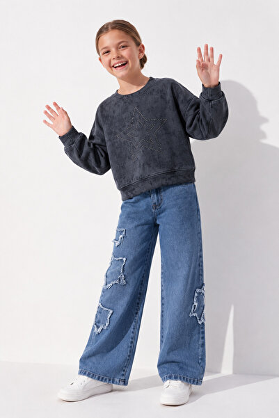 İncilay Kız Çocuk Siyah Yıldız Baskılı Sweatshirt & Yıldız Detaylı Bol Paça J...