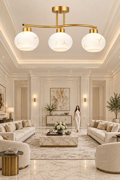 ESSLİGHT Camelia 3’lü Eskitme Plafonyer Mermer Desen Camlı Avize Salon Mutfak...