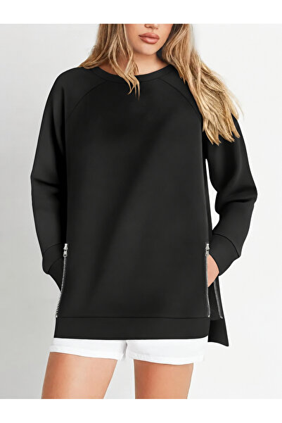 Curvy Trend Büyük Beden Fermuar Yırtmaç Detaylı Yumuşak Dökümlü Kumaş Reglan ...