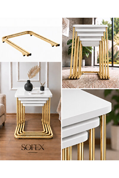 Zigon 4 LÜ TEKERLEKLİ METAL AYAK SEHPA MDF ( GOLD BEYAZ )