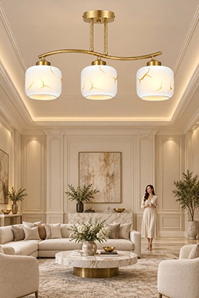 ESSLİGHT Arven 3’lü Eskitme Plafonyer Mermer Desen Camlı Avize Salon Mutfak Y...