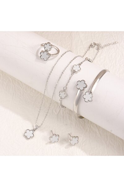 Choice1 silver-white 5pcs Lucky Five-petal Flower Women's Jewelry Set, Fashio...