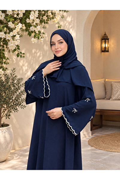 Duru Colletion Pamuklu Tesettür Giyim-Fiyonklu Abaya Lacivert-Rahat Ve Bol Kesim