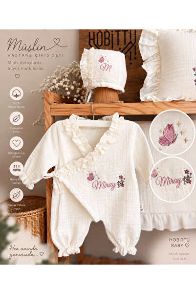 hobittu Müslin Fırfır yaka bebek tulum + şapka