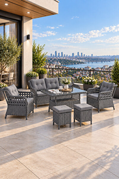 Evdemo Eren Rattan Puflu Bahçe Balkon Takımı 3+1+1 Antrasit