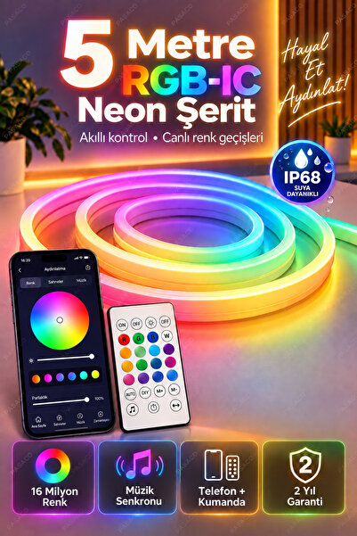 PASACO 5 Metre 5V RGB Akıllı Neon LED Şerit - Müzik Senkronizasyonlu, Bluetoo...