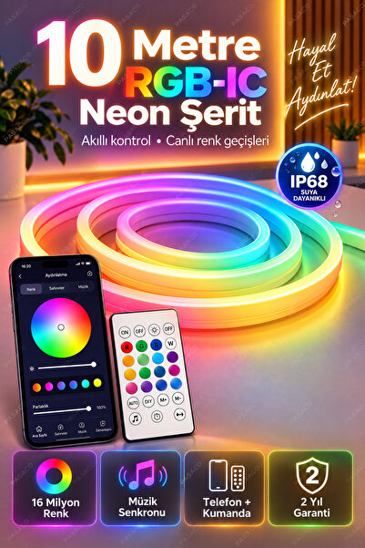 PASACO 10 Metre 5V RGB Akıllı Neon LED Şerit - Müzik Senkronizasyonlu, Blueto...