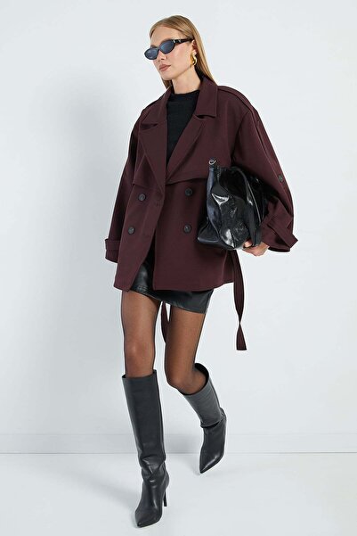 Fulla Moda Beli Kemerli Kruvaze Yaka Oversize Trençkot