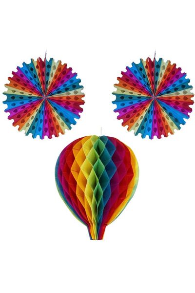 partidolu Karışık Renk Rainbow Kağıt Yelpaze Süs ve Petek Süs 30 cm 3 Lü Set ...
