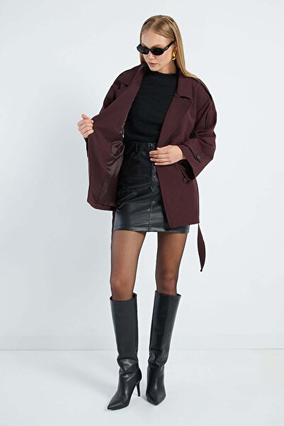 Fulla Moda Beli Kemerli Kruvaze Yaka Oversize Trençkot