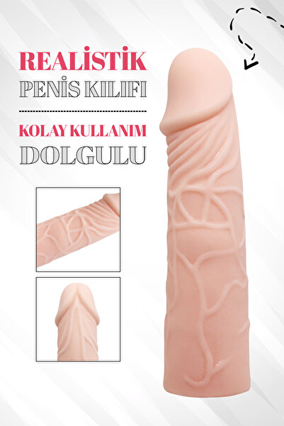 17 cm Ultra Realistik Tırtıklı Ten Rengi Penis Kılıfı 6 cm Uç Dolgulu Uzatıcı