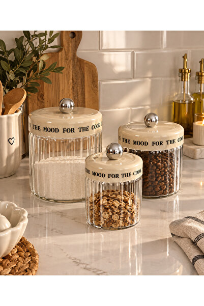 YS COLLECTION YŞ Home - 3’lü Çizgili Cam Saklama Kavanozu Krem Plastik Kapakl...