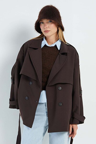 Fulla Moda Beli Kemerli Kruvaze Yaka Oversize Trençkot