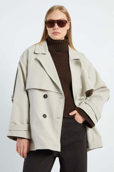 Fulla Moda Beli Kemerli Kruvaze Yaka Oversize Trençkot
