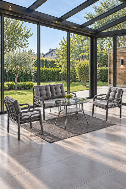 Evdemo Rio Rattan Bahçe Balkon Oturma Takımı 2+1+1+Camlı Masa Gri