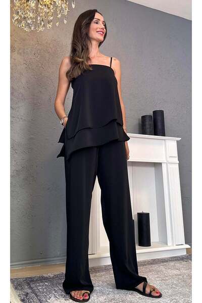 Atelier Derin Siyah Askılı Uzun Bluz Pantolon Takım