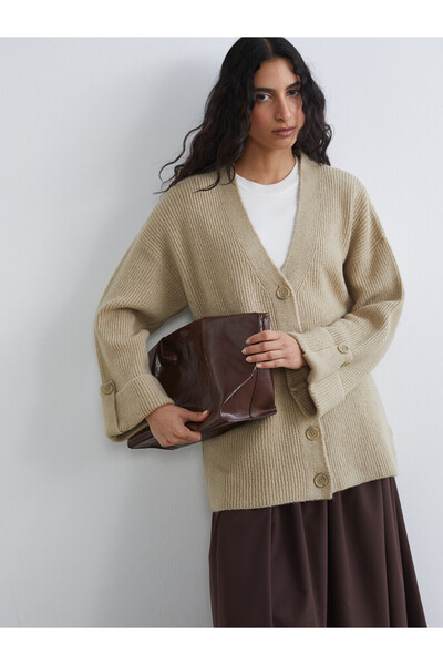 LC Waikiki Lcw Modest Beige Knitwear Plain Midi Women's Cardigan with Nevavm ...