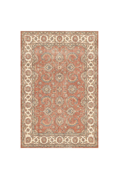 Solmuş Kiremit Antik Fildişi Tek Renk Overdyed Etnik Desen Yıkanabilir Yolluk