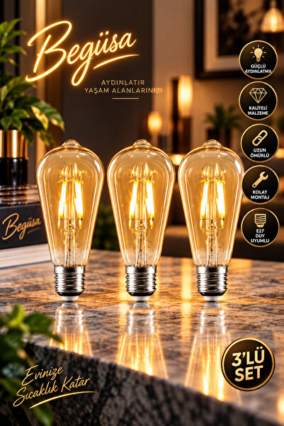 Begüsa Rustik Led 3 Adet Ampul Sarı Armut