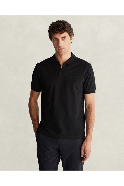 Gant Erkek Siyah Regular Fit Yarım Fermuarlı Polo Yaka T-Shirt
