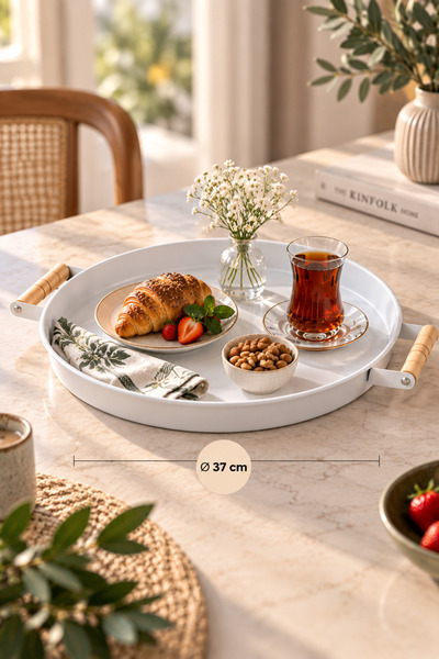 kitchen trend Beyaz Metal Tepsi Seti 3'lü Yuvarlak Ahşap Kulplu Servis Sunum Tepsisi Dekoratif 45-37-30 cm