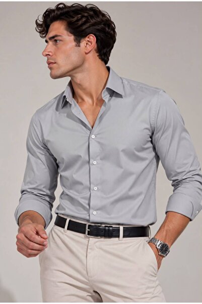 sepetx Erkek Premium Pamuk Saten Slim Fit Açık Gri Gömlek | Modern ve Şık Tas...
