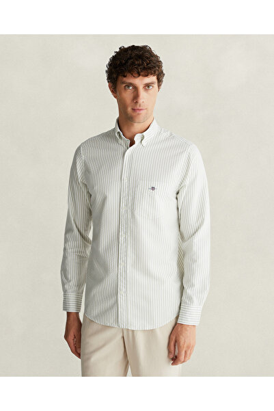 Gant Erkek Yeşil Regular Fit Çizgili Logolu Gömlek