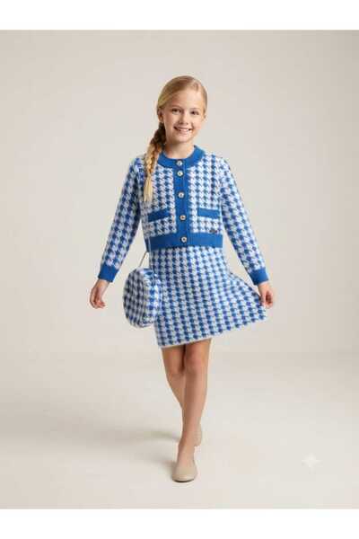 Hilal Akıncı Kids مجموعة من 3 قطع من سترة تريكو وتنورة على شكل Houndstooth لل...