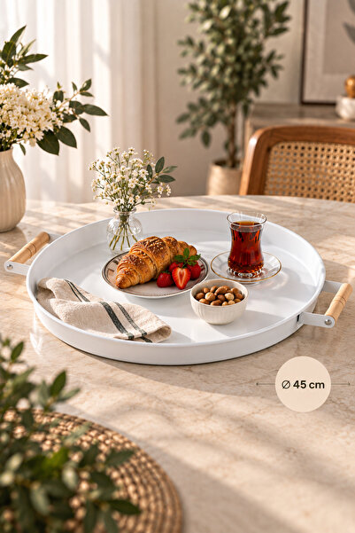 kitchen trend Beyaz Metal Tepsi Seti 3'lü Yuvarlak Ahşap Kulplu Servis Sunum Tepsisi Dekoratif 45-37-30 cm