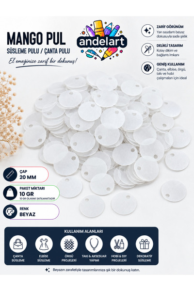 andelart 20 mm Beyaz Pul Süsleme Pulu Çanta Pulu Elbise Pulu Payet Pul 10 Gr