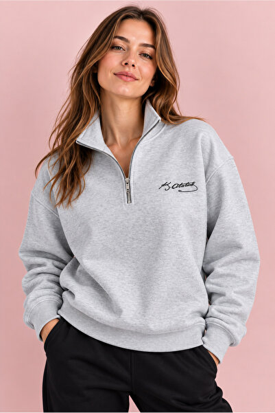Jooy Company Yarım Fermuarlı Atatürk İmza Baskılı Gri Sweatshirt