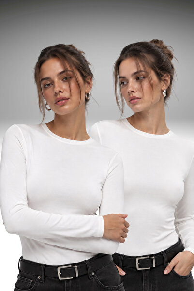 Bipantolon Body alb cu gât rotund pentru femei, pachet de 2