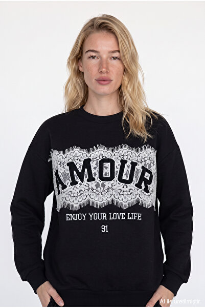 Quzu Lace Detailed Sweatshirt Black