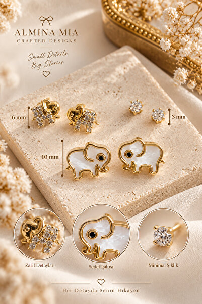 AlminaMia Gold Fil Küpe Seti S925 Gümüş Saplı 3'lü Set ve Zirkon Efektli Mini...