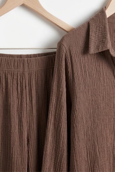 Mivoon Crinkle Fabric Shirt Collar Buttoned Top and Bottom Set Suitable for Modest Wear 2XL 6XL