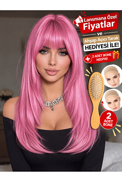 Lulu Bella Kadın Pembe Katlı Kesim Perde Perçemli Peruk - 55 cm serisi 1. Kal...
