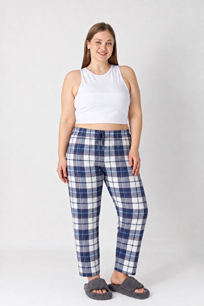 LOTTEBELLA Large Size Cotton Thin Breathable Navy Blue Orange Plaid Pajama Bo...