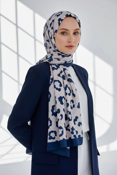 Vissona KREP LEOPAR DESENLİ LACİVERT RENKLİ 75X195 KIRIŞMAZ ŞAL